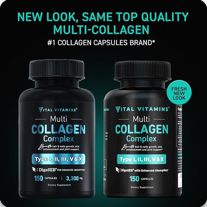 Vital Vitamins Multi Collagen for Women & Men - Type I, II, III, V, X - Grass Fed, Non-GMO - 150 Capsules