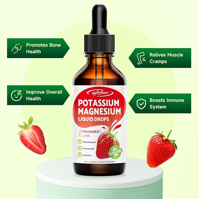 softbear 2 Pack Calcium Potassium Magnesium Liquid Drops, High Absorption Calcium Magnesium Potassium Supplement Support Bone & Muscle Health Liquid Magnesium Drops Strawberry Flavor 4 Fl Oz