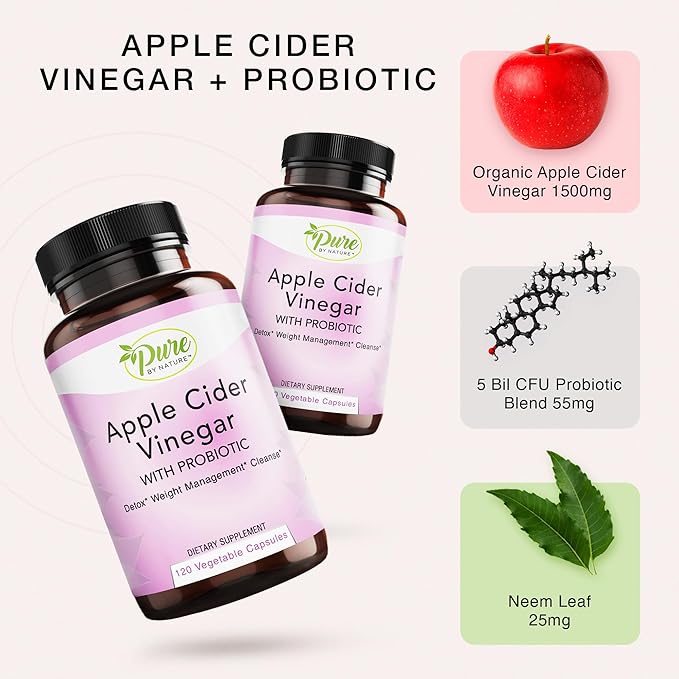 Pure By Nature Apple Cider Vinegar + Probiotic for Women & Men, Raw Apple Cider Vinegar Pills for Weight Management Support & Cleanse Support (120 Capsules)