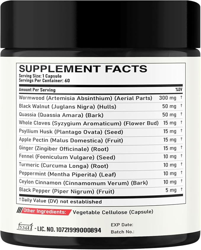 12in1 Wormwood Capsules Black Walnut Cloves, Ginger, Turmeric Curcumin & Black Pepper - Support Digestion Health, Immune System - 60 Capsules