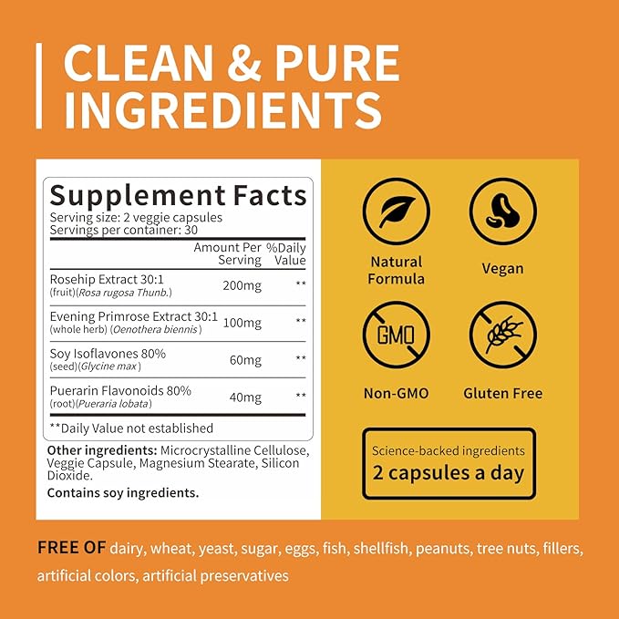 4-in-1 Women's Health Complex | Hormone Balance Vitamins for Women with Soy Isoflavones, Pueraria Mirifica, Evening Primrose, Rosehip | Perimenopause & Menopause Support, 60 Vegan Capsules