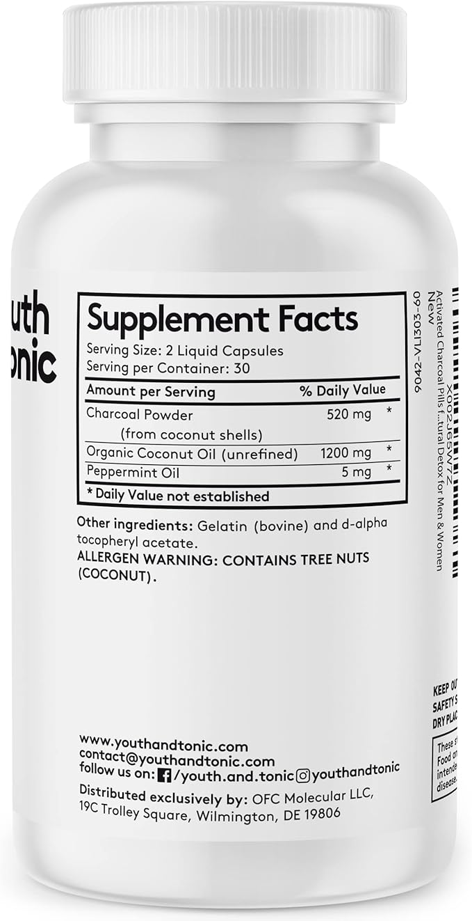 Youth & Tonic Activated Charcoal Pills for Bloating and Gas Relief to Soothe The Stomach and Digestive System Detox with Peppermint & Organic Coconut Oil, for Men & Women - 60 Liquid Capsules