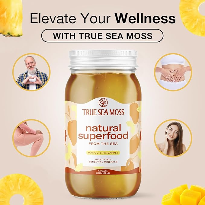 TrueSeaMoss Sea Moss Gel – Made in USA – Wildcrafted Seamoss, Fresh Fruits & Sea Vegetables – Mango/Pineapple, Pack of 2 (Labels may Vary)