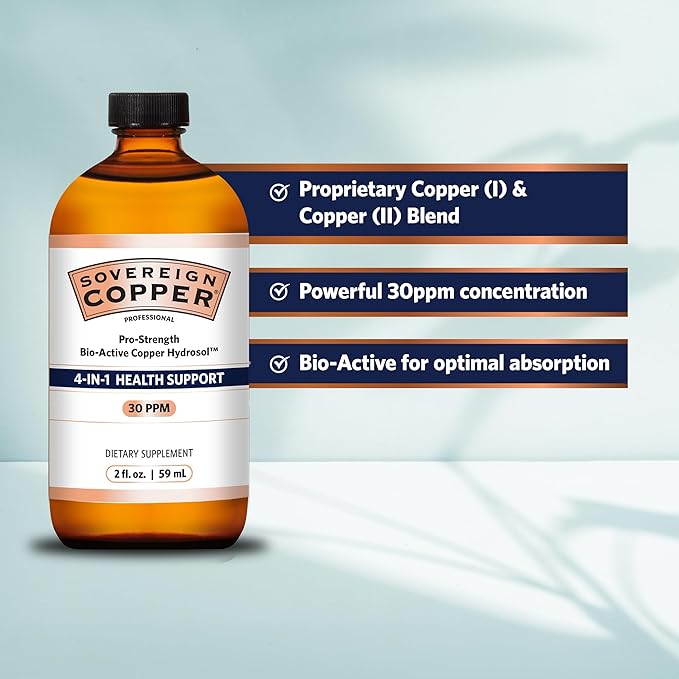 Sovereign Copper Pro-Strength Copper-Hydrosol, Bio-Active Liquid Copper Supplements for 4-in-1 Health Support, 2 fl oz