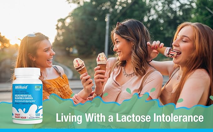 Milkaid Lactase Enzyme Chewable Tablets for Lactose Intolerance Relief | Prevents Gas, Bloating & Diarrhea | Fast Acting Dairy Digestive Supplement (120 Tablets, Mint)
