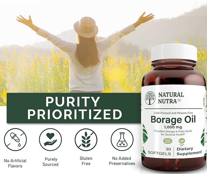 Natural Nutra Borage Oil, Maintain Skin Health, Support Heart Health, Improves Nerve Health, Help Reduce Pimple, Help Overcome Joint Pain, Omega 6 Essential Fatty Acids Supplement 30 Soft gels.