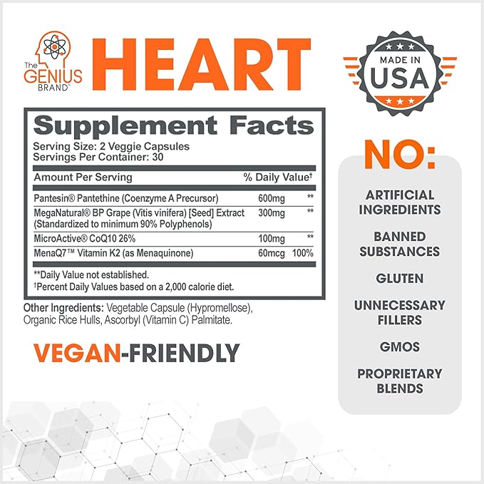The Genius Brand - Genius Heart, 60 Veggie Pills - Natural Support Supplement May Help Cholesterol Levels and May Help Improve Healthy Blood Pressure - Grape Seed Extract, Vitamin K2 & CoQ10