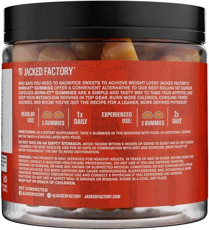 Jacked Factory Burn-XT Weight Loss Gummies - Thermogenic Fat Burner & Appetite Suppressant Gummies with Acetyl-L-Carnitine HCL, MitoBurn, & Caffeine - 60 Gummies, Tangerine Sour