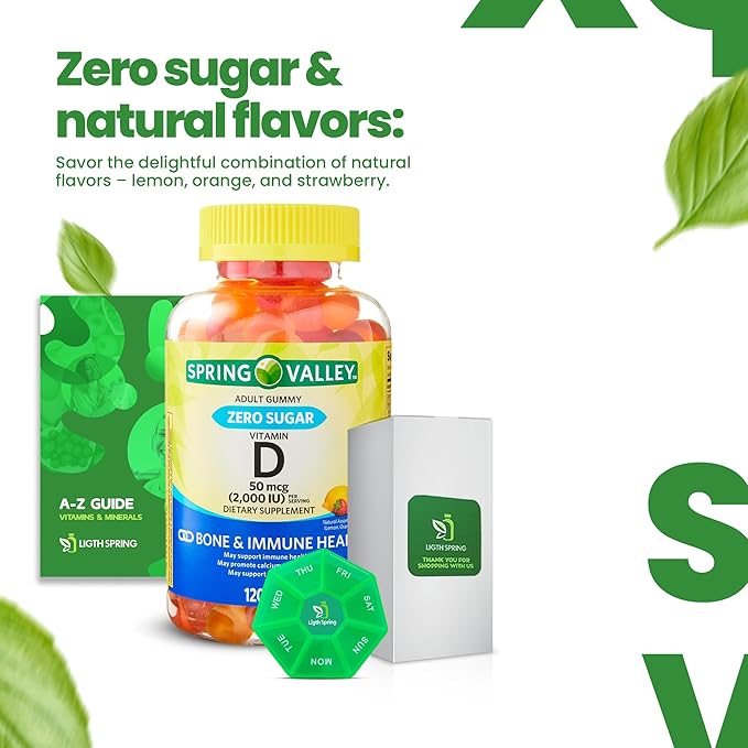 Zero Sugar Vitamin D Spring V Gummies, 50 Mcg (2,000 IU), 120 Count, Lemon, Orange & Strawberry Flavors, Supports Bone & Immune Health + Better Ligth&Spring Guide