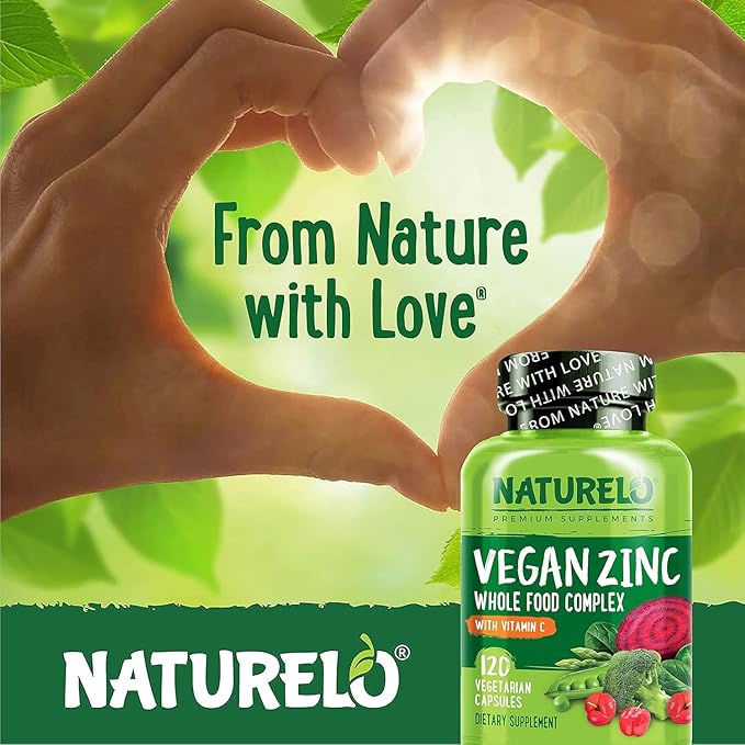 NATURELO Vegan Zinc Immune Support Capsules - Whole Food Complex with Vitamin C for Healthy Skin, Hair, and Nails - 120 Capsules