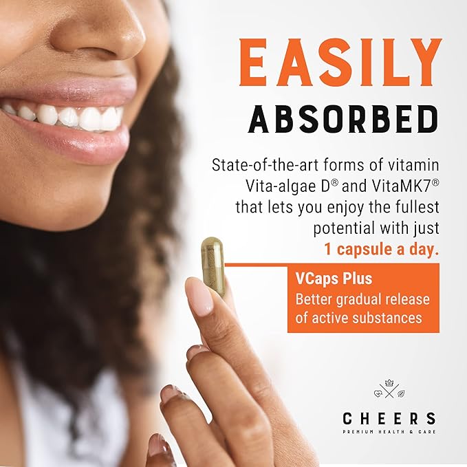 CHEERS - Vitamin D3 (a Natural Form of Vitamin D) & Vitamin K2 Food Supplement for Adults, 133% Daily Intake VIT K2 – 2000 IU Vitamin D in 1 Capsule Gluten-Free - for Men and Women