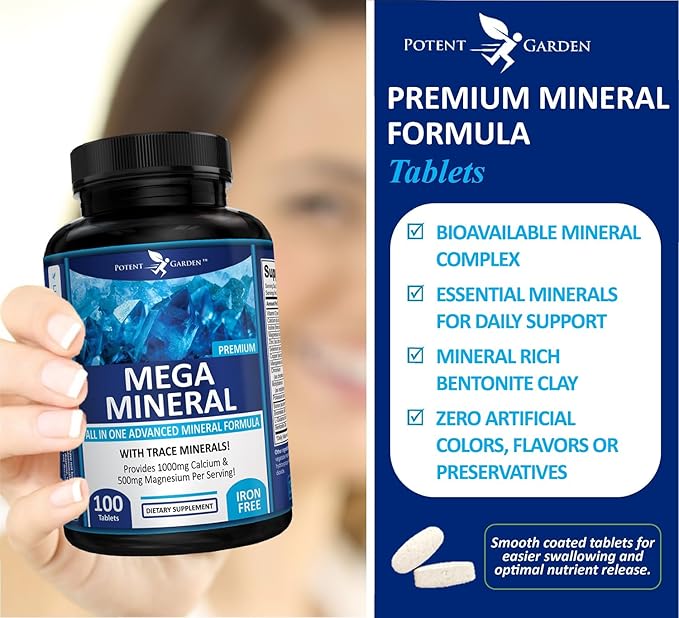 Potent Garden Mega Mineral Supplement Complete Mineral Complex with Calcium Magnesium Zinc Potassium Boron Selenium Chromium & 72 Trace Minerals Iron Free Calcium Supplement -100 Pills