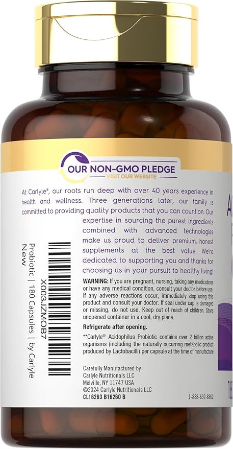 Carlyle Acidophilus Probiotic for Women & Men's Digestive Health | 2 Billion CFU | 180 Quick Release Capsules | Non-GMO & Gluten Free
