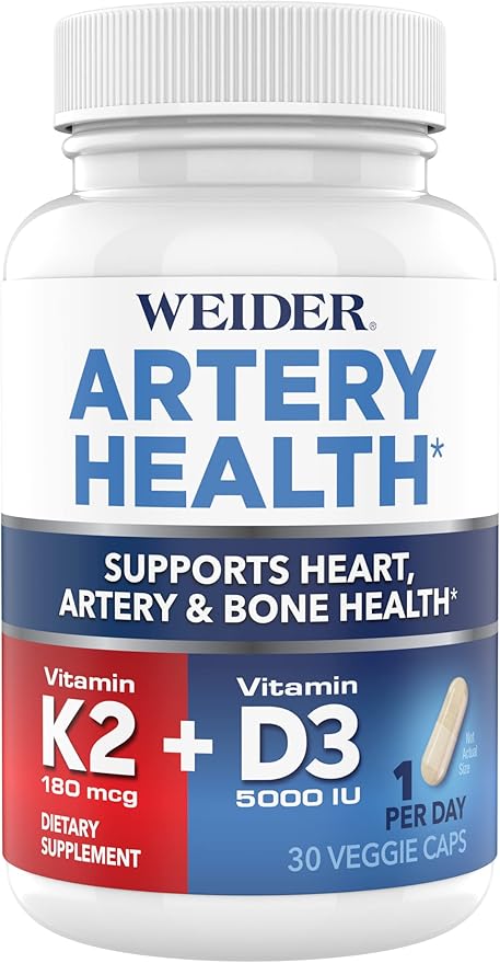 Weider Artery Health for Heart, Immune and Bone Support with Vitamin K2 (180mcg) & Vitamin D3 (5000iu), 30 Veggie Capsules