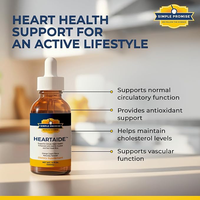 Simple Promise HeartAide - Heart Health Supplement - Red Yeast Rice with CoQ10 (200mg & 100mg) & Inositol - Liquid Drops for Cholesterol & Cardiovascular Support - 4 fl oz, Orange Cream Flavor