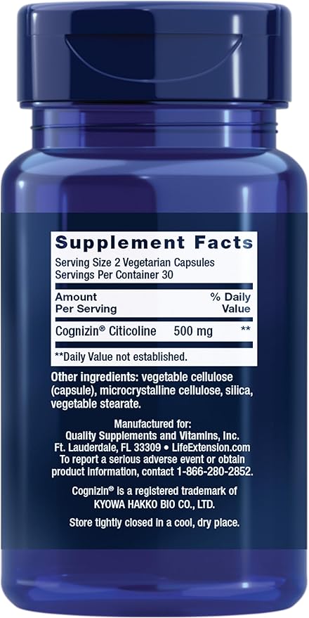 Life Extension Citicoline (CDP-Choline) - Citicoline Supplement for Brain & Cognitive Health, Focus, Attention, Memory Function - Non-GMO, Gluten Free, Vegetarian - 60 Capsules