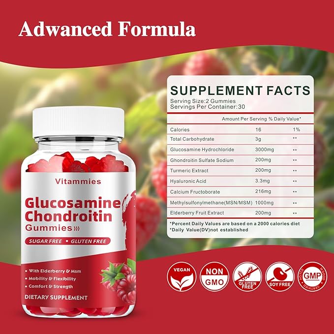 Glucosamine Chondroitin Gummies with MSM & Elderberry Extra Strength - Joint Support, Antioxidant Immune Support Supplement for Adults, Men & Women - 60 Raspberry Gummies