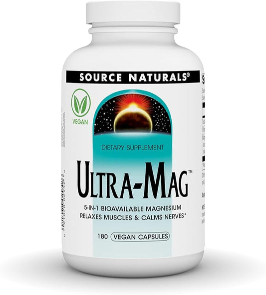 Source Naturals Ultra-Mag, Vegan Dietary Supplement, 5-in1 Bioavailable Magnesium, Relaxes Muscles & Calms Nerves*, Vegan Capsules (180)