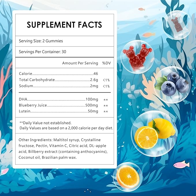 Children’s DHA Blueberry Flavoured Gummies, with Lutein, Omega-3 & Vitamin C Algae DHA, for Eye Health, Brain Health & Healthy Immunity, Gluten Free, Vegan, 60 Gummies.