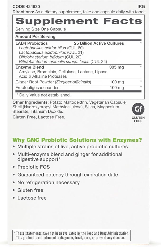 GNC Probiotic Solutions with Enzymes with 25 Billion CFUs, 30 Capsules, Daily Probiotic Support