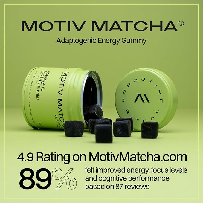 Motiv- Organic Matcha & Mushrooms Gummies, 300 MG Concentrate Matcha Green Tea Natural Energy, Mushroom Blend | Improve Brain Function, Immune Support, Gut Health, Reduce Stress - Vegan, Non-GMO