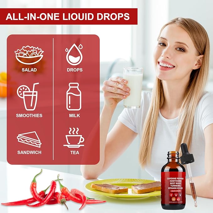 Cayenne Pepper Drops, Cayenne Pepper Hawthorn Beet Root Turmeric Curcumin, Vitamin K2 & D3, Cayenne Health Supplements, Gentle Formula, Vegan-Friendly, Easily Absorbed - 60ml