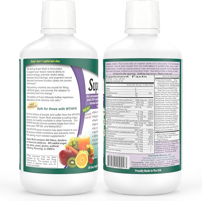 Vital Earth Minerals Detox & Wellness Support – Fulvic Humic Mineral Blend with 70+ Trace Minerals + Super Multi, Liquid Multivitamins, MTHFR Support, 32 Oz Ea