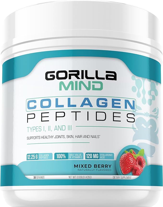 Gorilla Mind Collagen Peptides Powder - Joint & Bone Health/Great for Hair, Skin & Nails/Sleep Support/Types I, II, III/Mix in Water, Juice or a Smoothie - 426g (Mixed Berry)
