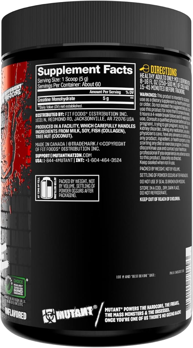 Mutant Creatine - Creatine Monohydrate Micronized Powder - Creatine Powder Supplement for Enhanced high-Intensity Performance - 60 Servings- 300 g - Unflavored