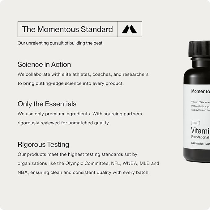Momentous Vitamin D3 Supplement - 5000 IU Capsules for Foundational Health Support - NSF Certified, Gluten Free, 60 Servings