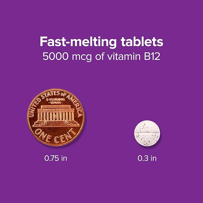 Webber Naturals Vitamin B12 5000 mcg, 60 Count, Fast Dissolve Tablets, Vitamin Supplement Support for Energy Metabolism, Immune and Heart Health, Vegetarian Formula, 60 Day Supply
