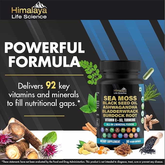 Sea Moss Black Seed Oil Bladderwrack Burdock Capsules. Ashwagandha, Turmeric, Vitamin C, Vitamin D3 with Elderberry Manuka Dandelion Yellow Dock Iodine- 90 Count, All-in-1