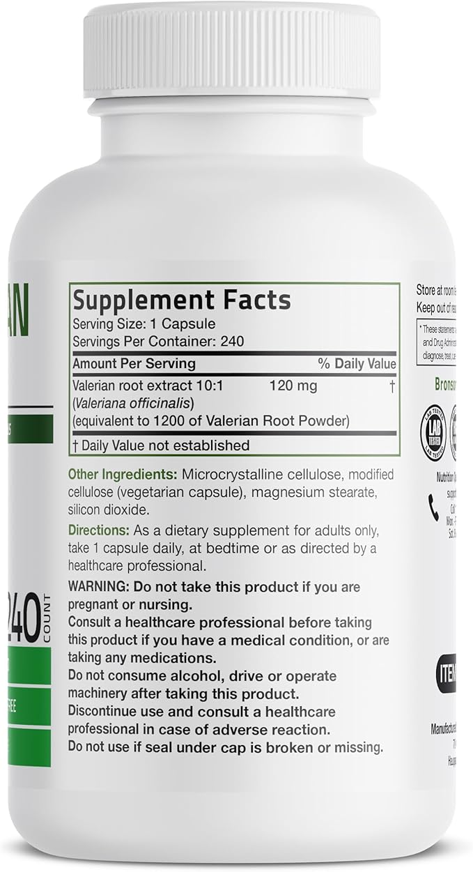 Bronson Valerian Root Capsules - Valerian Officinalis - Promotes Relaxation - Non-GMO, Soy-Free Gluten-Free, 240 Vegetarian Capsules