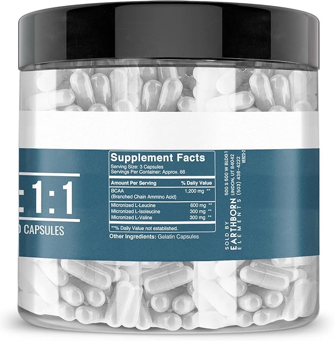 Earthborn Elements BCAA, 200 Capsules, Pure & Undiluted, No Additives