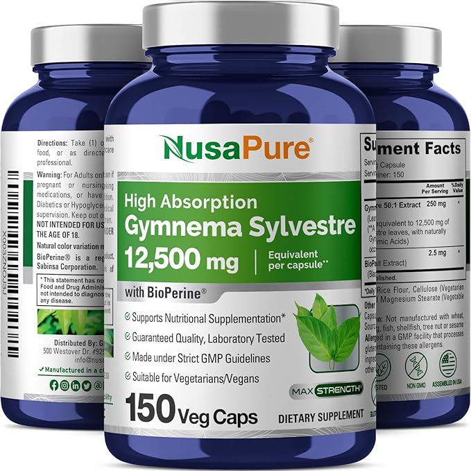 NusaPure Gymnema Sylvestre 50:1 Extract, 250 mg Equivalent to 12,500mg Per Vegan Caps - 150 Count (Non-GMO, Vegan, Bioperine)