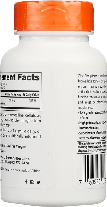 Doctor's Best Zinc Bisglycinate High Absorption 100% Chelated 50 MG, Non-GMO, Vegan, 90 Veggie Capsule (Pack of 1)