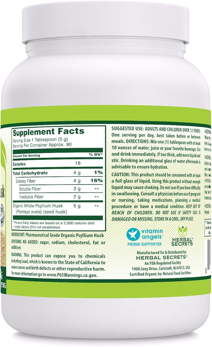 Herbal Secrets Organic Whole Psyllium Husk 16 oz Powder Supplement | 5 Grams Per Serving | 90 Servings | Non-GMO | Gluten Free | Made in USA | USDA Certified
