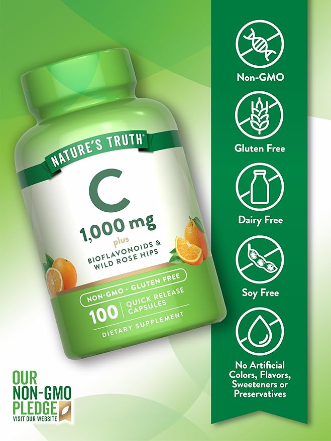 Nature's Truth Vitamin C 1000mg | 100 Capsules | with Wild Rose Hips & Bioflavonoids | Non-GMO & Gluten Free Supplement