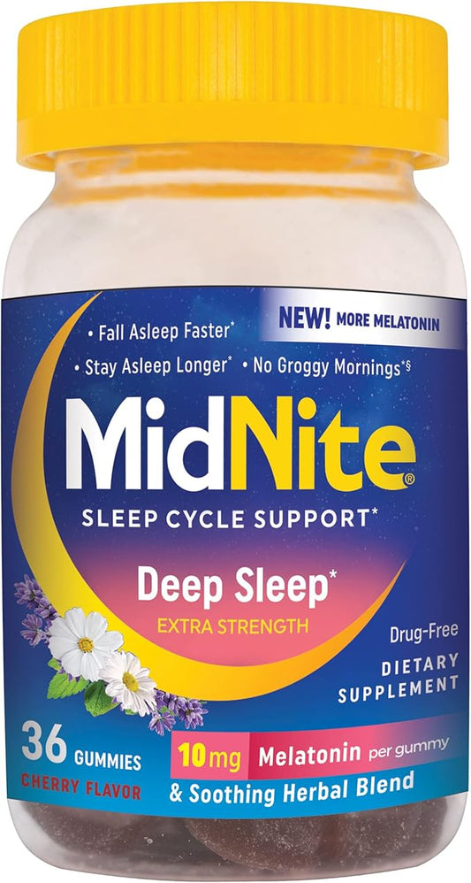 MidNite Deep Sleep Extra Strength, 10 mg Melatonin Sleep Aid, Non-Habit Forming, Herbal Dietary Supplement for Adults, Drug-Free, Gluten-Free, Lactose-Free, Vegetarian-Friendly, 36 Gummies