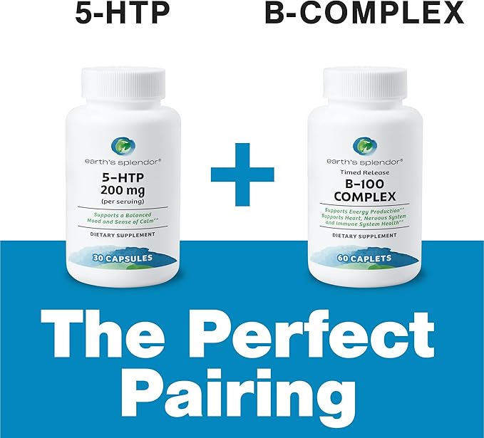 Earth's Splendor 5-HTP Dietary Supplement for Men & Women, Supports a Balanced Mood & Aids in Stress Support, Provides Sense of Calm No Artificial Preservatives Color or Flavor Non-GMO 100 MG
