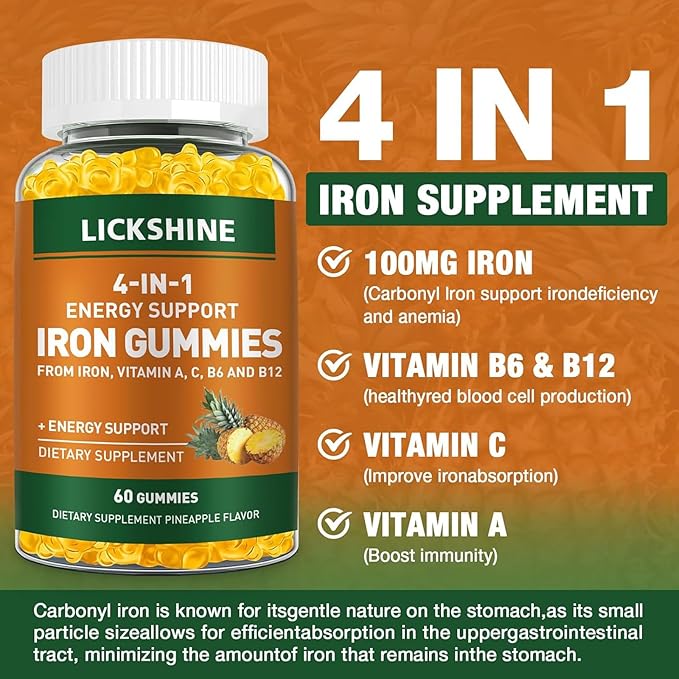 2 Pack Vegan 100MG Iron Supplement Gummies for Women & Men - with Vitamin C, A, B for Adults & Kids - Energy Support for Iron Deficiency, Anemia - Pineapple Flavor (120 Ct)