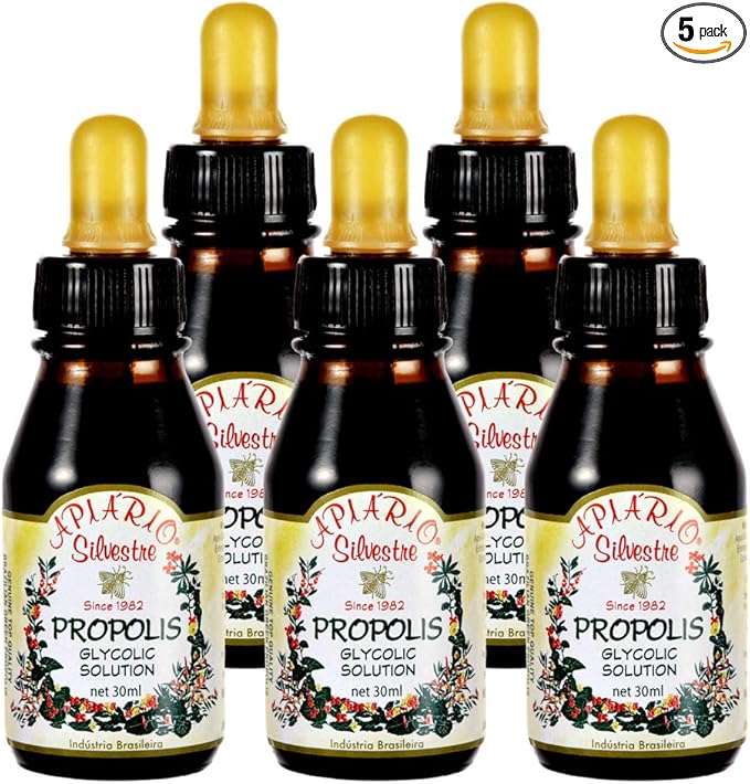 Official Distributor - 5 Bottles of Apiario Silvestre Brazilian Green Bee Propolis Liquid Glycolic Extract-Non Alcoholic, Wax Free, Sugar Free (PG)