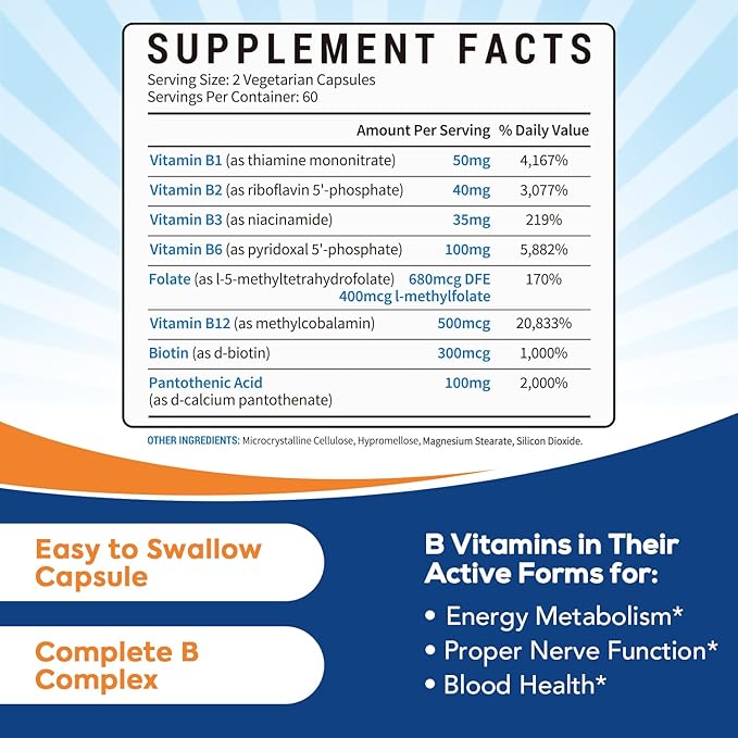 8-in-1 Vitamin B Complex Capsules for Women & Men, Super B Complex Vitamins, B12, B1, B2, B3, B5, B6, B9, Biotin, Folate, Methylated Forms, Energy, Nerve, Blood Support, 120 Caps