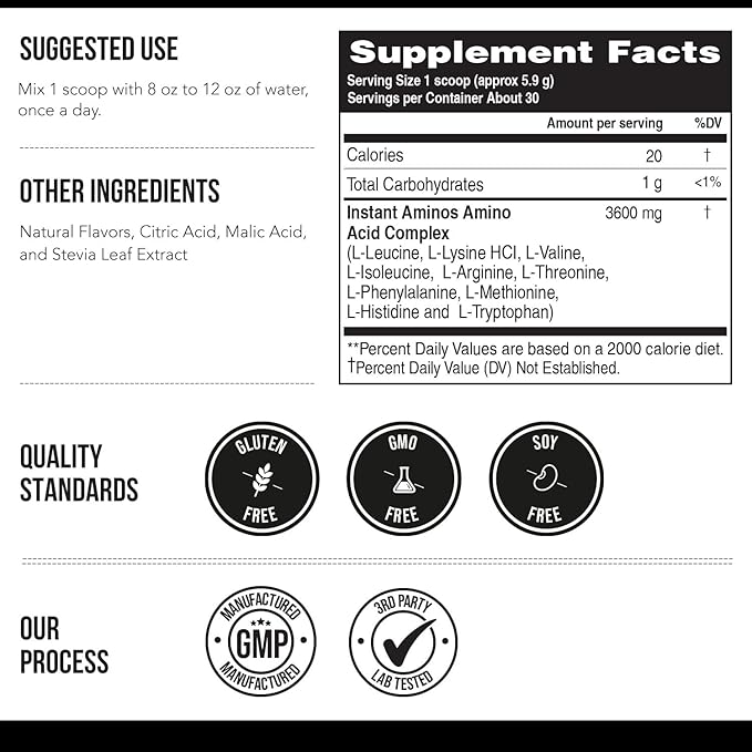 Instant Aminos - EAA+BCAA - 10 Essential Amino Acids Supplement, Rapid Absorption, Zero Digestion - Supports Lean Muscle, Recovery & Aging - 321% DIAAS Protein Score - Lemon Lime (30 Servings)