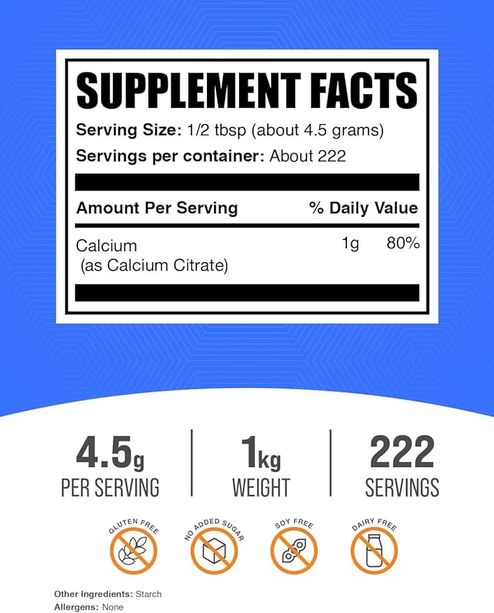 BulkSupplements.com Calcium Citrate Powder - Calcium Supplement, High Bioavailable - Unflavored & Gluten Free, 4.5g per Serving, 1kg (2.2 lbs) (Pack of 1)