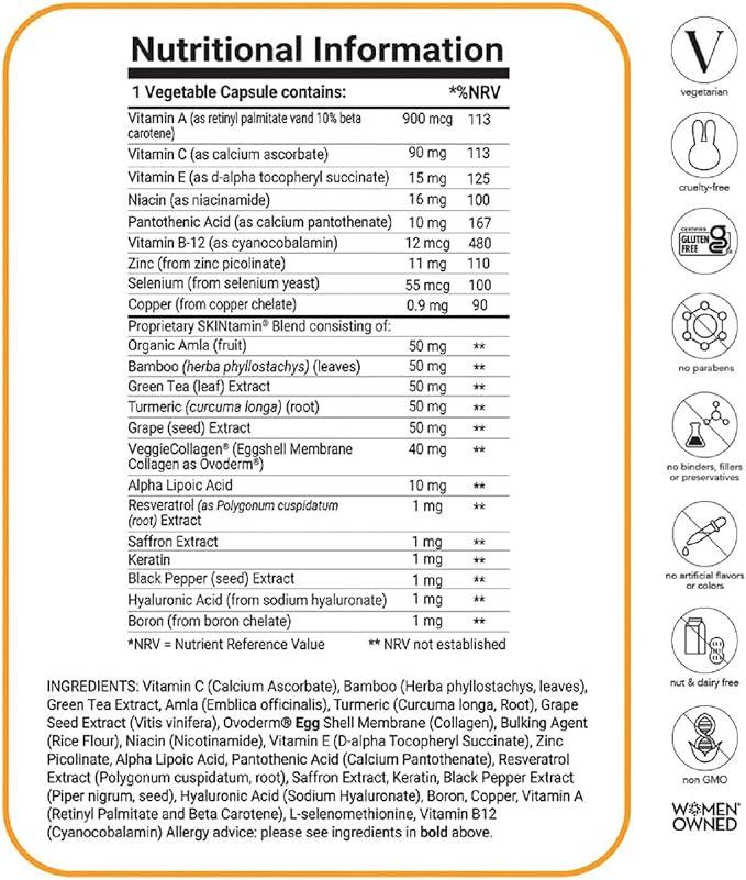 HAIRtamin SKINtamin Vegetarian Collagen Pills | Best Collagen Supplements for Women to Support Skin Firmness and Wrinkles | Skin Supplement Formulated to Help Reduce Blemishes