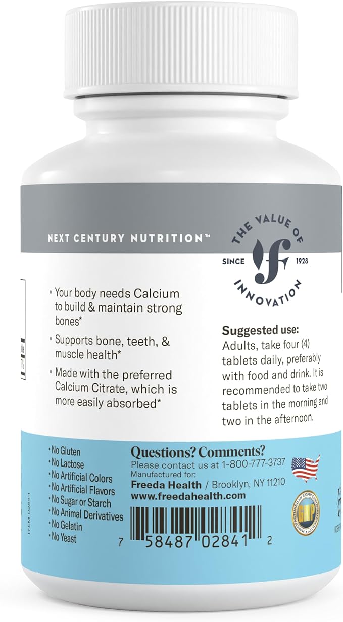 Freeda Calcium Citrate – Kosher Vegan Bone Strength Supplement – Supports Bone Density & Muscle Function – Calcium 1000mg per Serving – No Added Vitamin D – (100 Tablets)