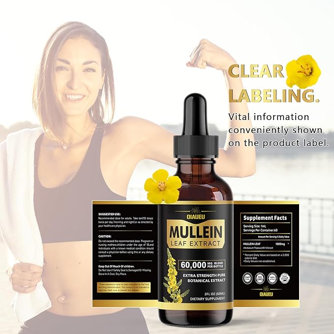 Mullein Drops for Lungs, Natural Mullein Leaf Extract, Respiratory Support & Lung Cleanse Herbal Supplement, 2 fl oz