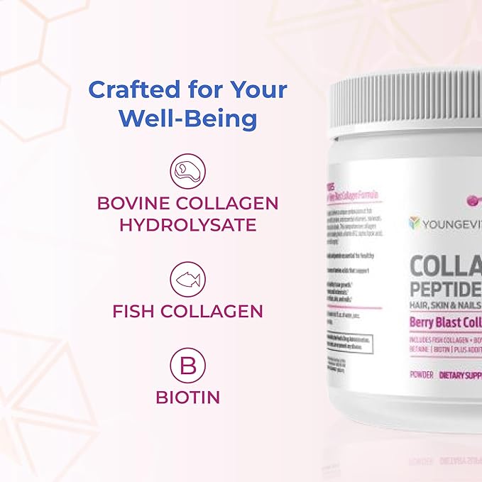 Youngevity Collagen Peptides Powder – Hair, Skin & Nail Support with Hydrolyzed Type I & II, Biotin, Vitamin B12, Antioxidants & Alpha Lipoic Acid – Joint & Bone Health – Berry Flavor – 251g