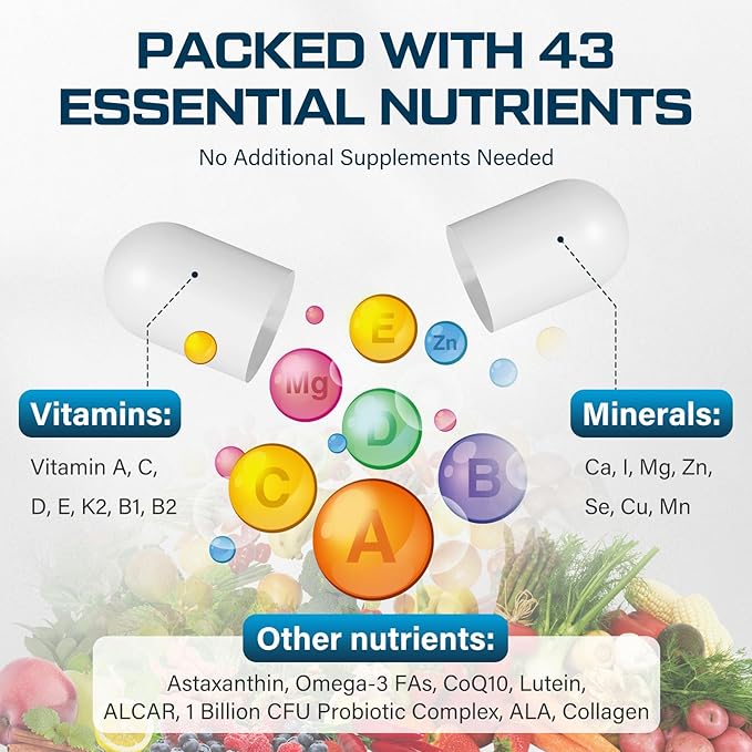 Men Multivitamins 50 Plus - Daily Multivitamin for Men with Fermented Herbal Extracts & 43 Vitamins and Minerals - Mens Vitamins Supports Memory & Brain, Energy, Bone Health